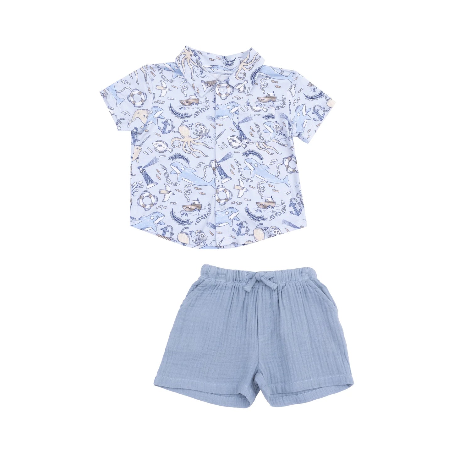 Angel Dear Nautical Notebook Button Down Bamboo Polo And Muslin Short Set