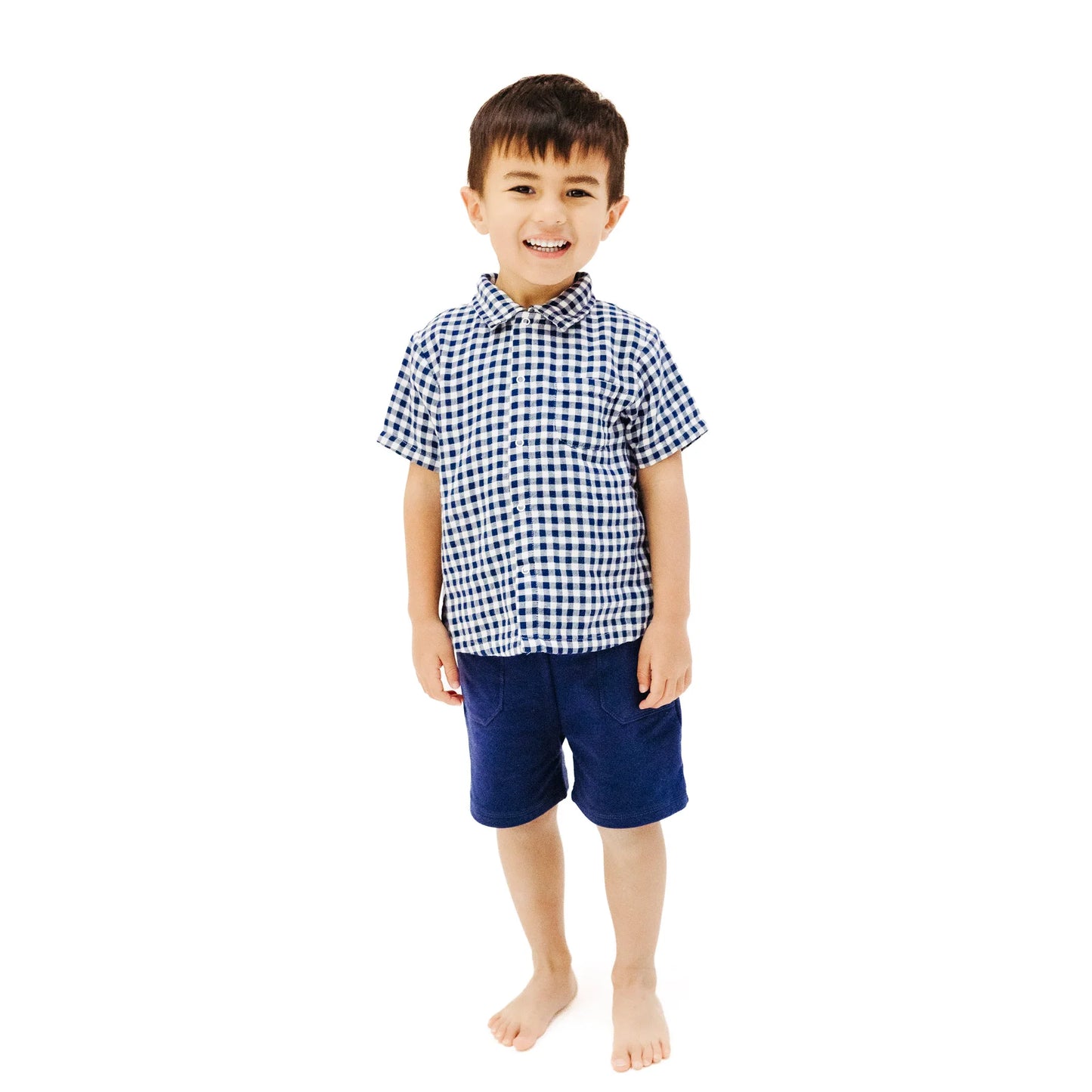 Angel Dear Navy Gingham Button Down Polo Muslin With Short French Terry