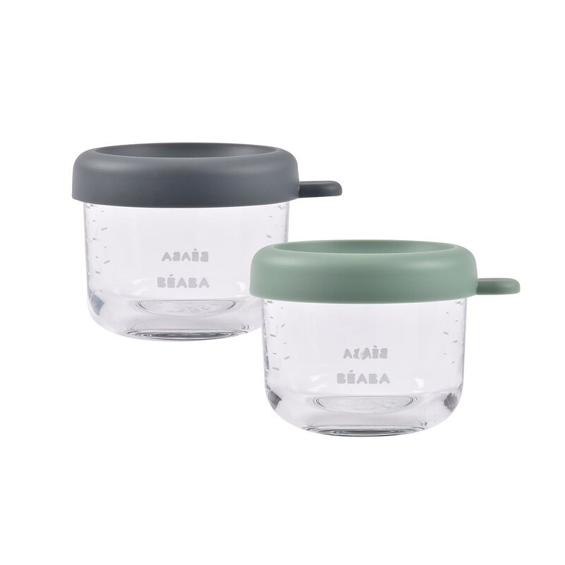 Beaba Set Of 2 X 150 ML Glass Conservation Jar Mineral/Sage Green
