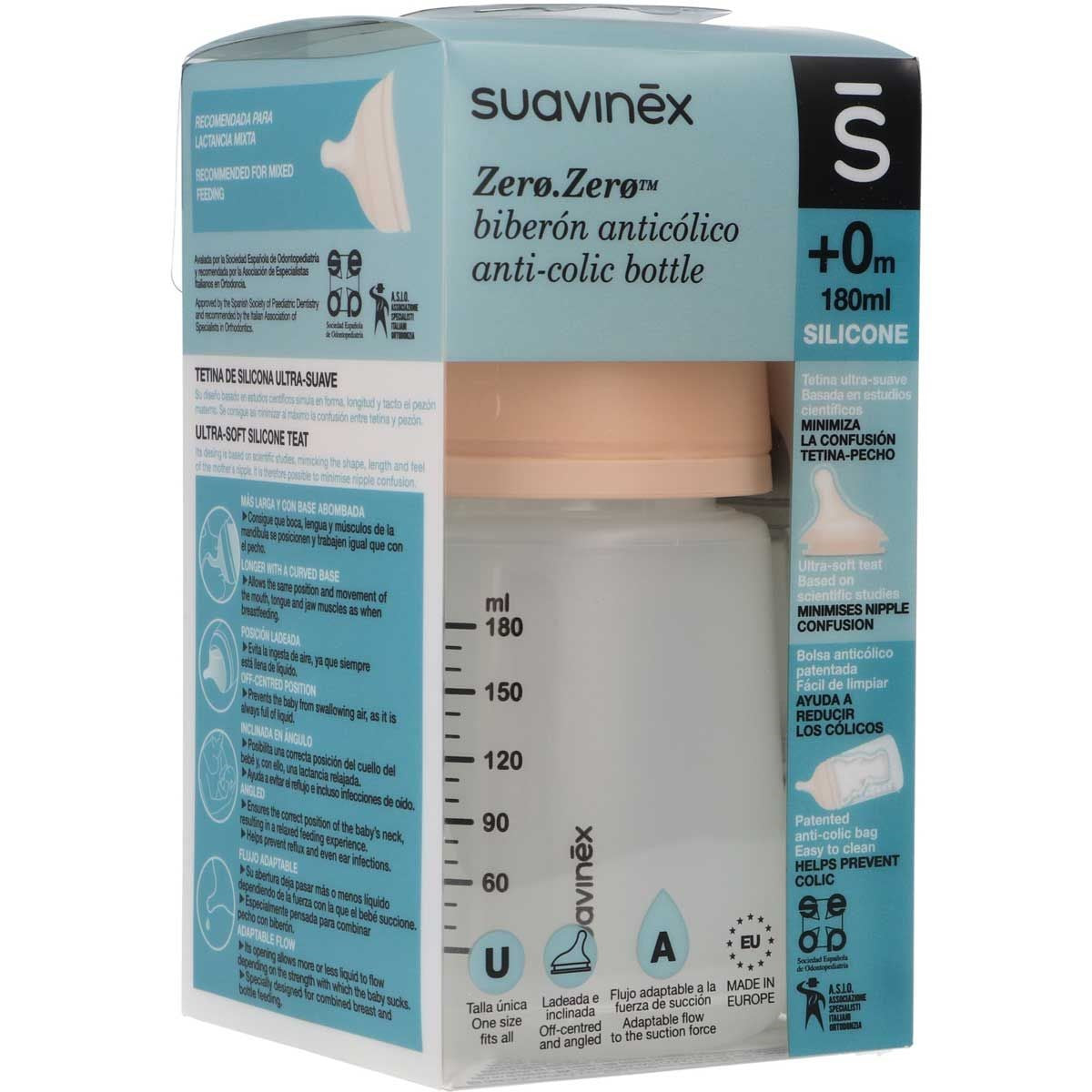 Suavinex Zero Zero Biberón Anticólicos 180 ml con Tetina de Flujo  Adaptable, 1 ud