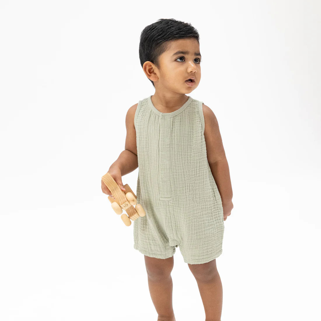Angel Dear Solid Muslin Desert Green - Sleeveless Shortie Romper