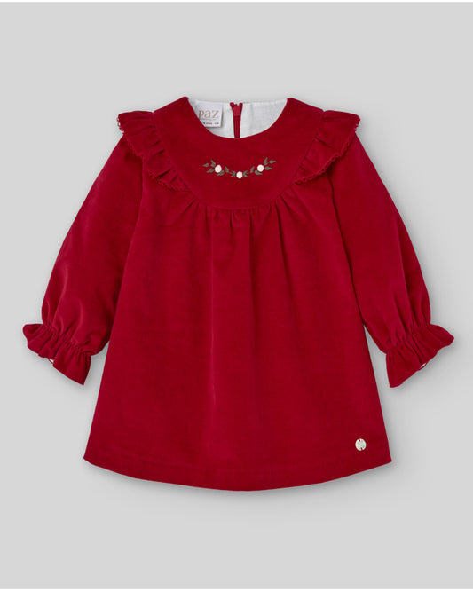 Paz Rodriguez Vestido Velveton C/Bordado "Acebo" Rojo