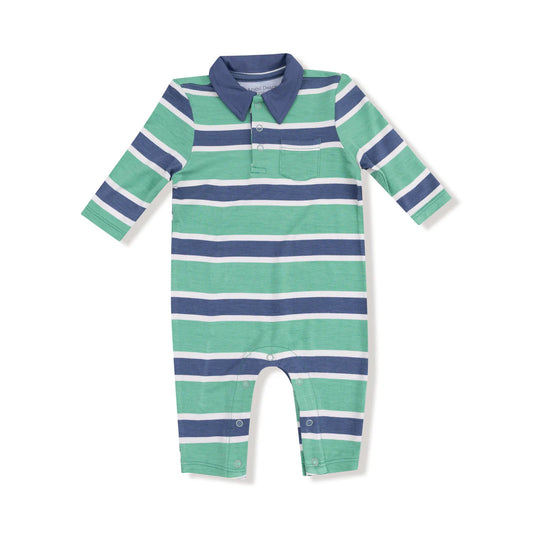 Angel Dear Rugby Stripe - Green and Navy - Polo Romper