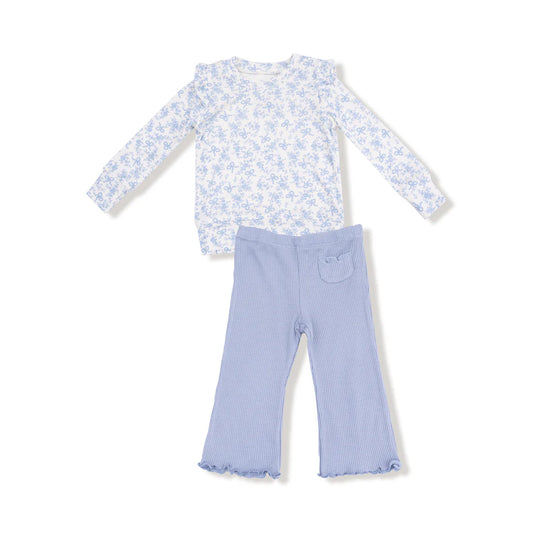 Angel Dear Romi Floral - Ruffle Shoulder Rib Shirt and Waffle Flare Pant