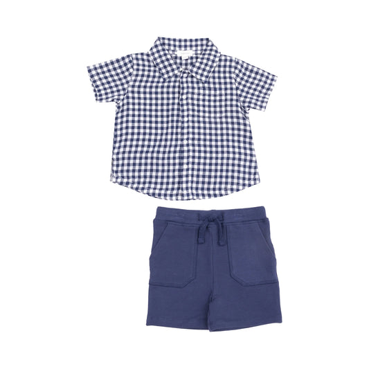 Angel Dear Navy Gingham Button Down Polo Muslin With Short French Terry
