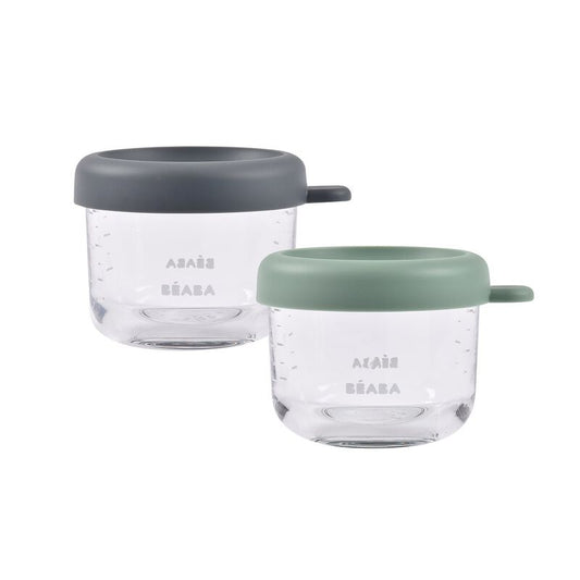 Beaba Set Of 2 X 150 ML Glass Conservation  Jar Mineral/Sage Green