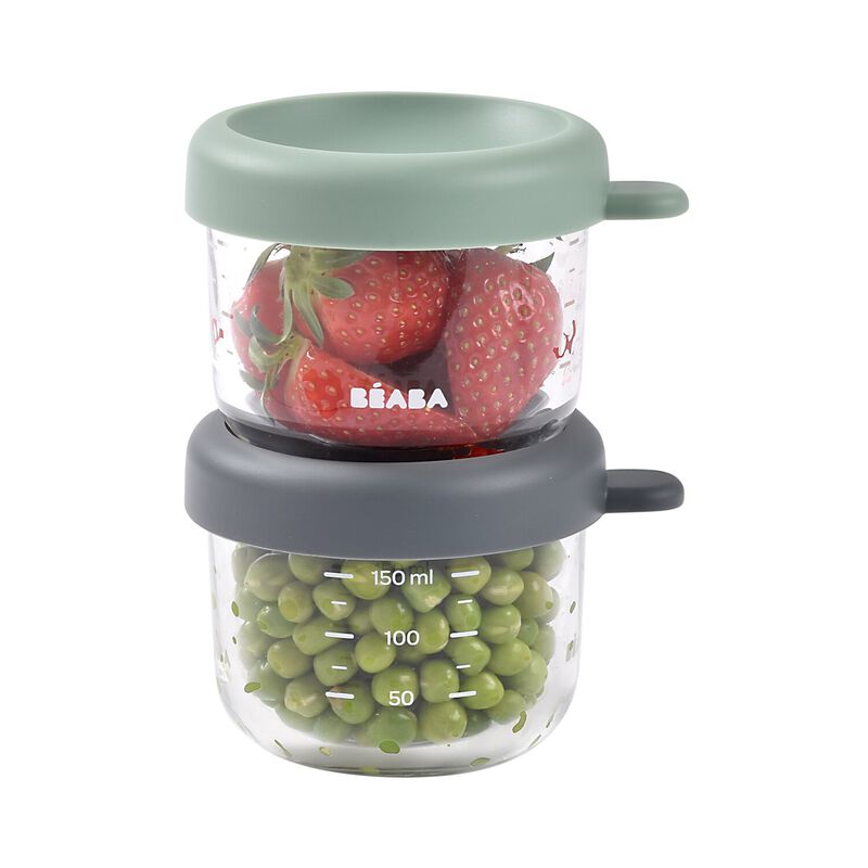 Beaba Set Of 2 X 150 ML Glass Conservation  Jar Mineral/Sage Green