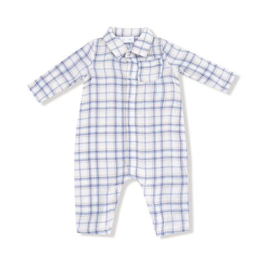 Angel Dear Blue Plaid - L/S Polo Romper w/ Full Placket