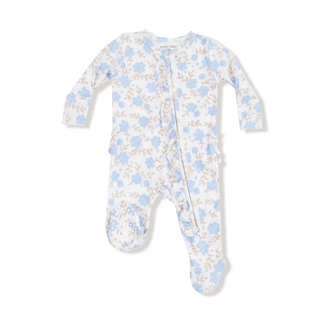 Angel Dear Baby Blue Floral - 2 Way Ruffle Zipper Footie                                        c