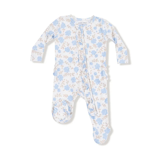Angel Dear Baby Blue Floral - 2 Way Ruffle Zipper Footie                                        c
