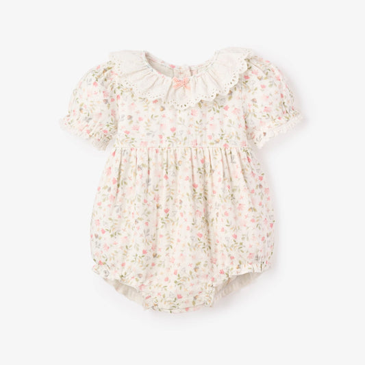 Elegant Baby Fairytale Floral Organic Muslin Bubble w/Eyelet Lace Collar