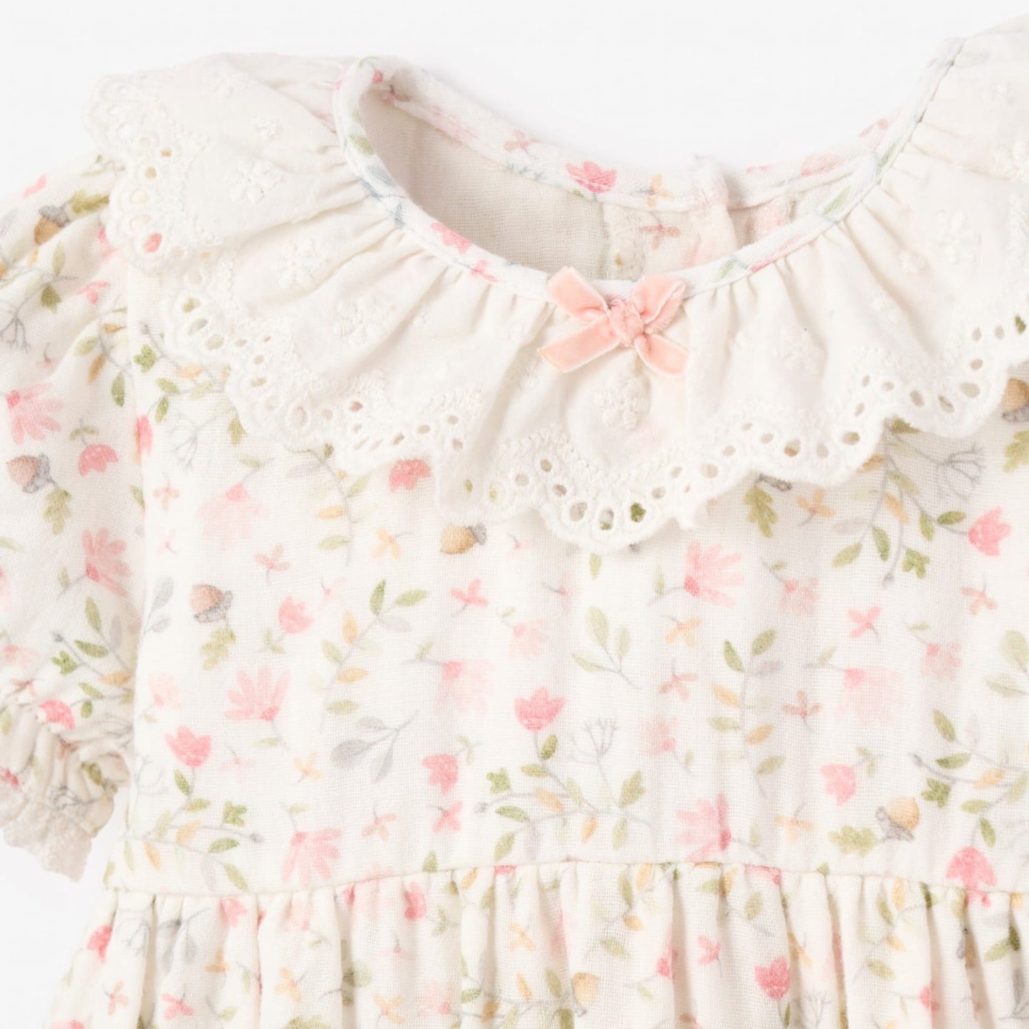 Elegant Baby Fairytale Floral Organic Muslin Bubble w/Eyelet Lace Collar