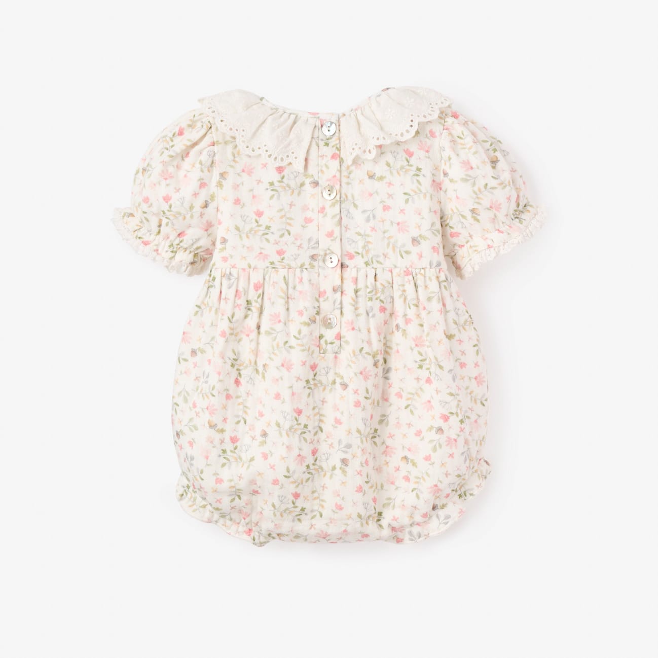 Elegant Baby Fairytale Floral Organic Muslin Bubble w/Eyelet Lace Collar