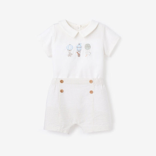 Elegant Baby Dreamscape Embroidered Bodysuit +Nautical Grey Seersucker Shorts