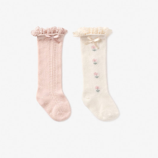 Elegant Baby Socks - 2 pack Floral Knee 0-12 Months