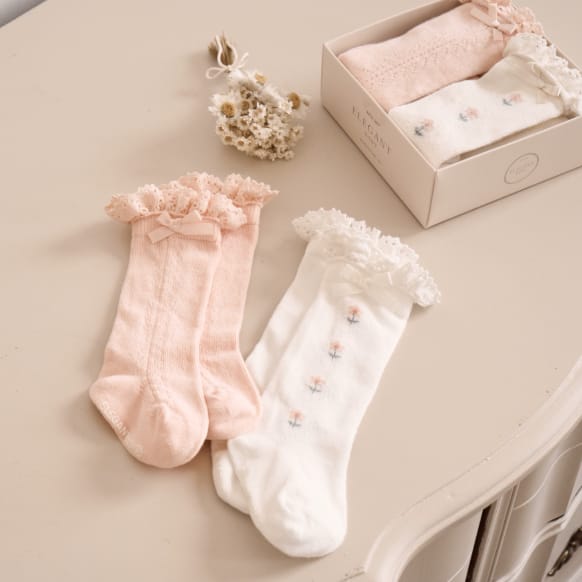 Elegant Baby Socks - 2 pack Floral Knee 0-12 Months