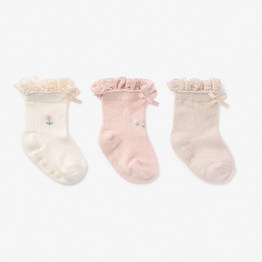 Elegant Baby Socks - 3 pack Floral Ankle 0-12 Months