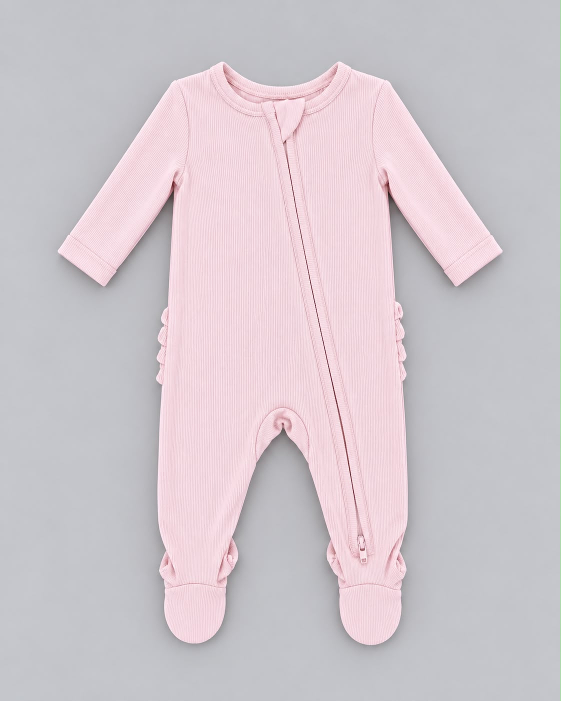 Angel Dear Solid Veiled Pink Rib - 2 Way Ruffle Back Zipper Footie