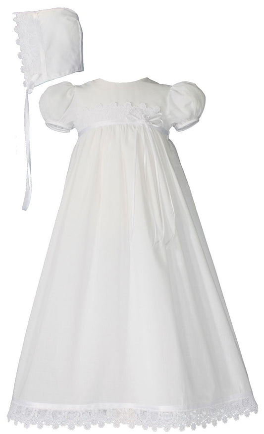 BAUTIZO AJUAR COTTON GOWN WITH LACE & ROSE BOW